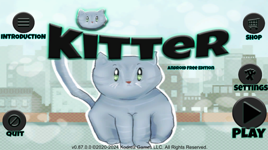 The main menu of the game, featuring the protagonist, Kitter. And the main menu layout.